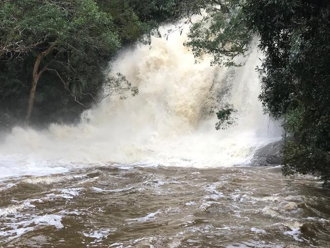 Somersby Falls roaring after three days of rain. Picture: Daniel Rond of Kariong.