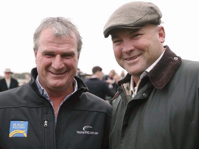 Other side of fence: owner Peter Moody (right) with trainer Darren Weir after Ulmann won at the Warrnambool May Carnival. Picture: Wayne Ludbey