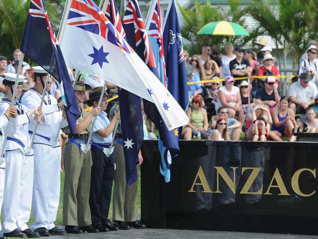 Anzac Day - Hervey Bay.  The flag party stands at the end of the new war memorial in Freedom Park.Photo: Alistair Brightman / Fraser Coast Chronicle