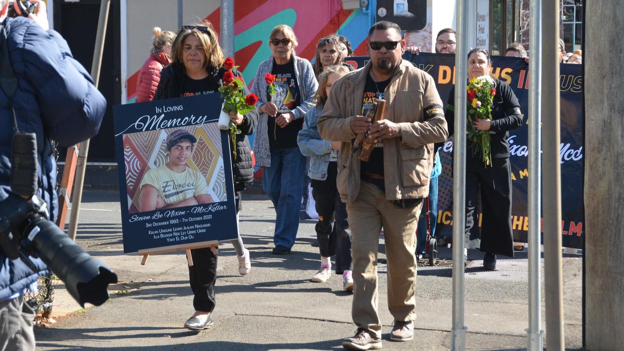 Saraeva Mitchell leading the procession to the Toowoomba Courthouse ahead of the Coronial Inquest into the death of her nephew Steven Lee Nixon-McKellar. September 11, 2023.