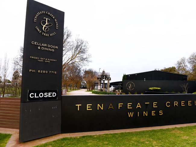 Entrance to the closed Tenafeate Creek Wines cellar door and vineyard at Yattalunga near Gawler that has a lot of new COVID cases. Picture Mark Brake