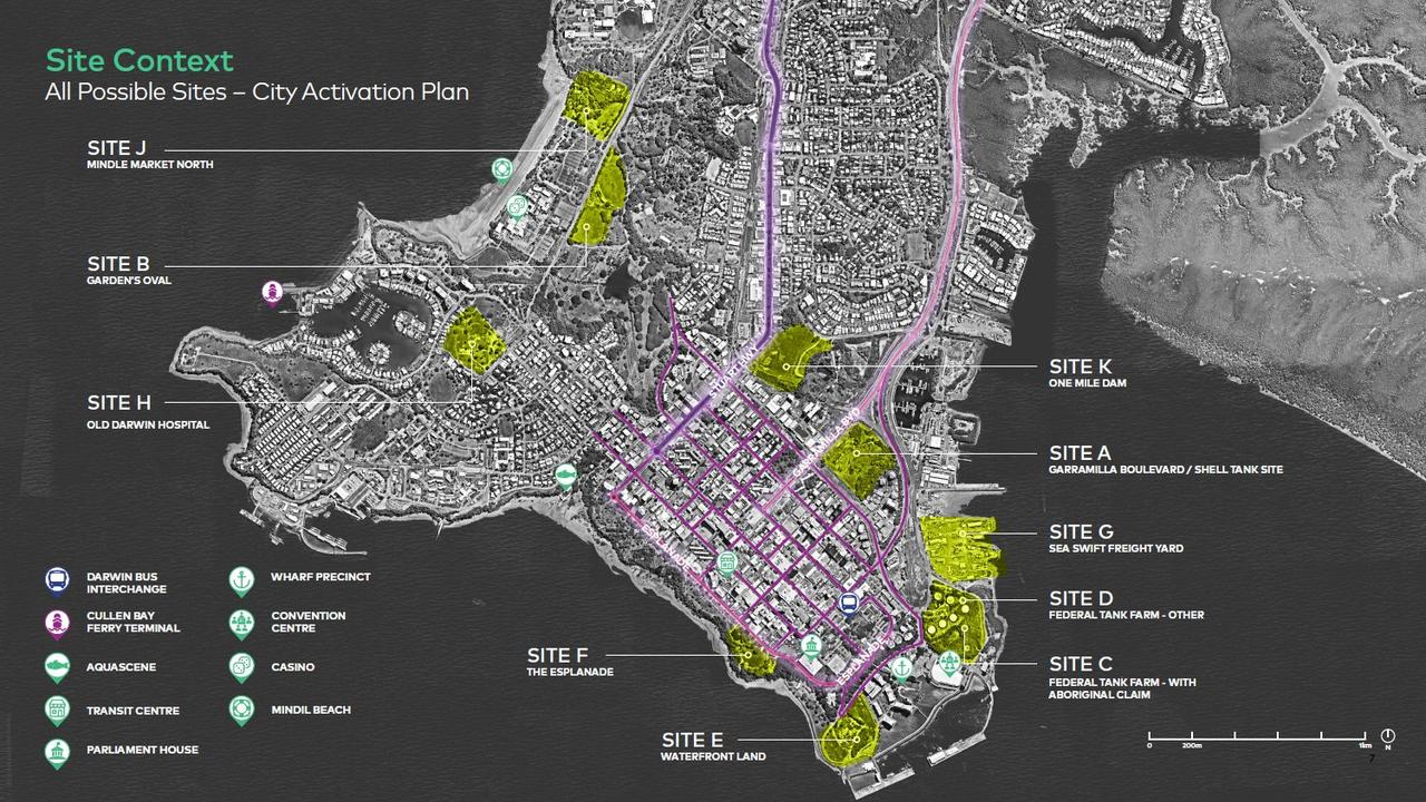 Layout of potential sites for a Darwin City Stadium.