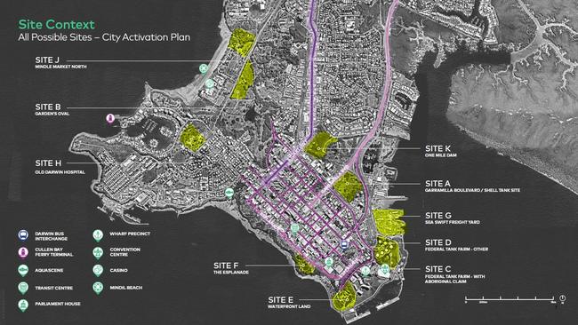 Layout of potential sites for a Darwin City Stadium.