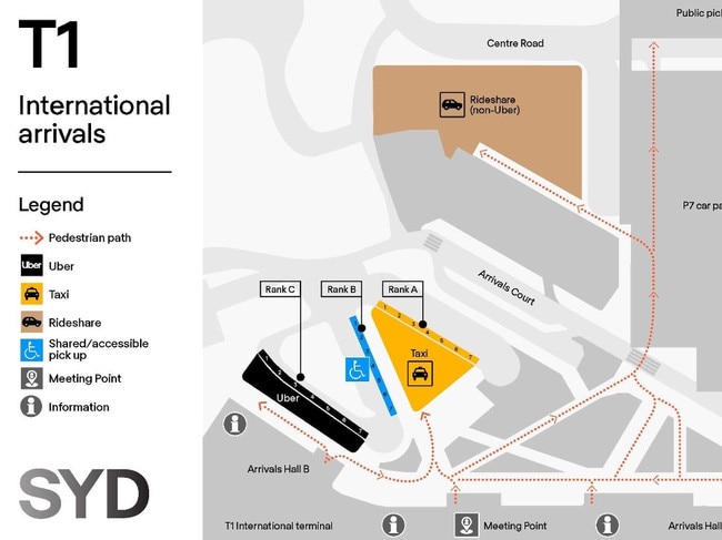 A map of the Sydney Airport pick-up area with the new Uber zone in black. Picture: Sydney Airport