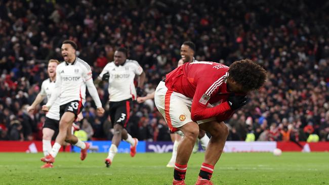 MANCHESTER, ENGLAND - MARCH 02: Joshua Zirkzee of Manchester United reacts after missing the last penalty in the penalty shoot out during the Emirates FA Cup Fifth Round match between Manchester United and Fulham at Old Trafford on March 02, 2025 in Manchester, England. (Photo by Carl Recine/Getty Images)