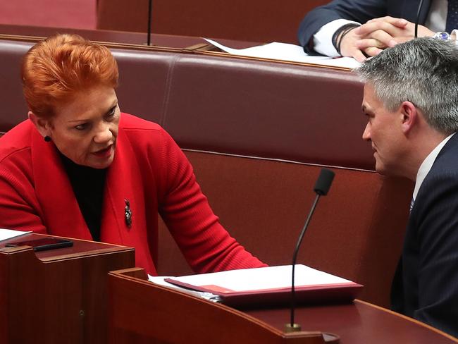 Senator Pauline Hanson and Senator Mathias Cormann speaking in the Senate Chamber on Monday. Picture Kym Smith