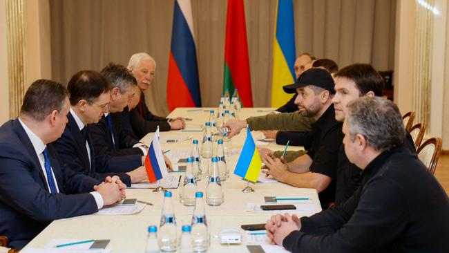 Members of delegations from Ukraine and Russia hold talks in Belarus' Gomel region. Picture: Sergei Kholodilin / BELTA / AFP