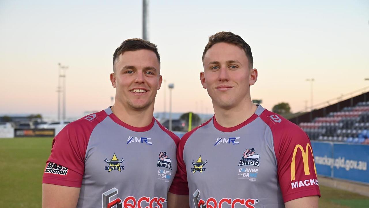 Kai O'Donnell (from left) and Adam Cook recently signed for Mackay Cutters after they were released from Canberra Raiders, July 20, 2021. Picture: Mackay Cutters