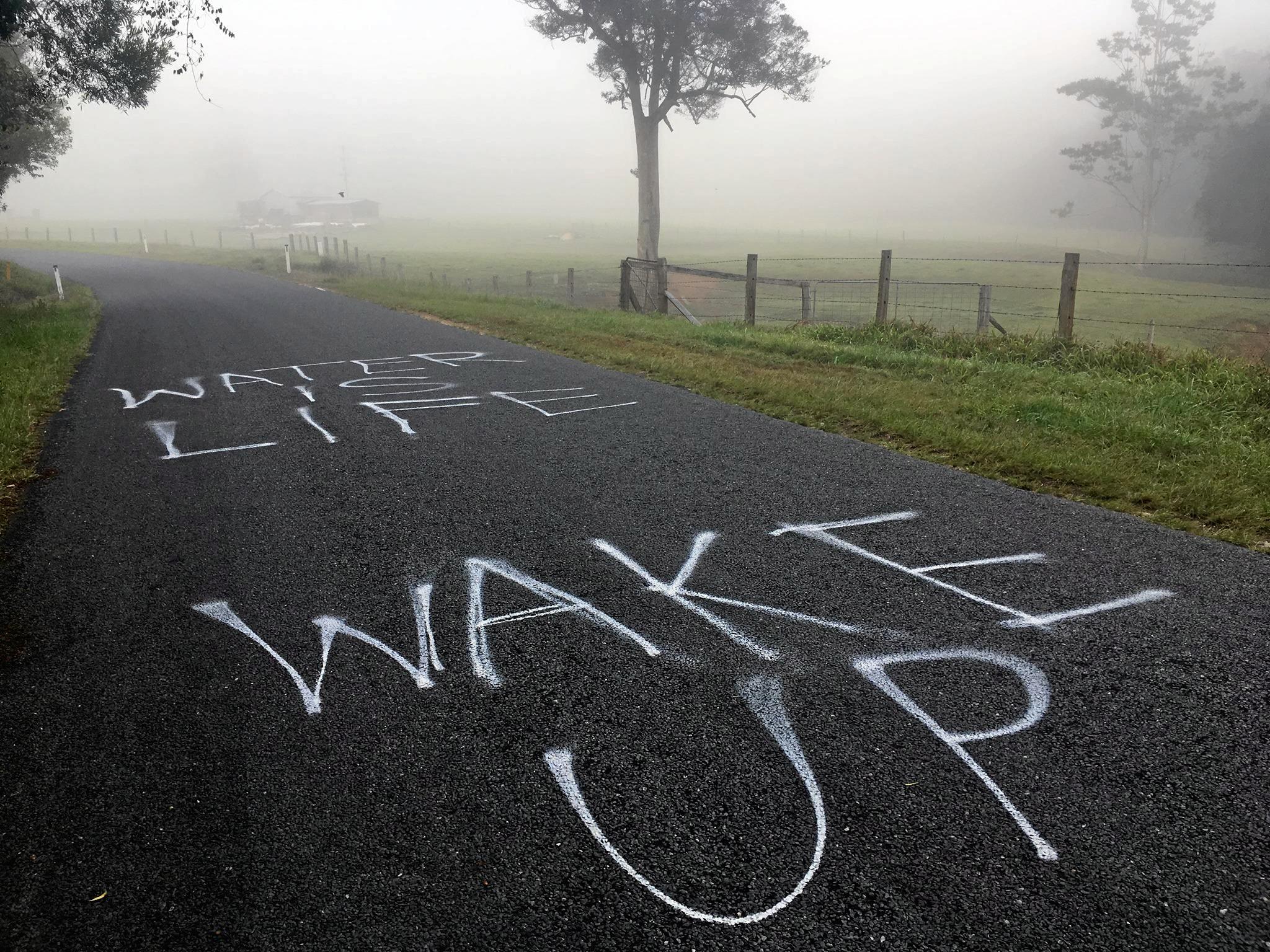 Graffiti on Rowlands Creek Rd in protest against water extraction. Picture: Contributed