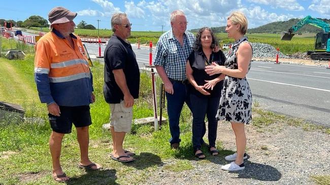 Whitsunday MP Amanda Camm discusses the Bruce Highway upgrades with Knobels Rd residents, from left, Frank Cortis, Andrew Sherry, Bill and Madalyn Kingsbury.