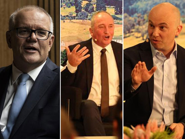 Former PM Scott Morrison, left, and his stance on nuclear were raised by Barnaby Joyce, centre, as he went head-to-head with Matt Kean, right, in a fiery debate at The Daily Telegraph Bush Summit. Pictures: News Corp