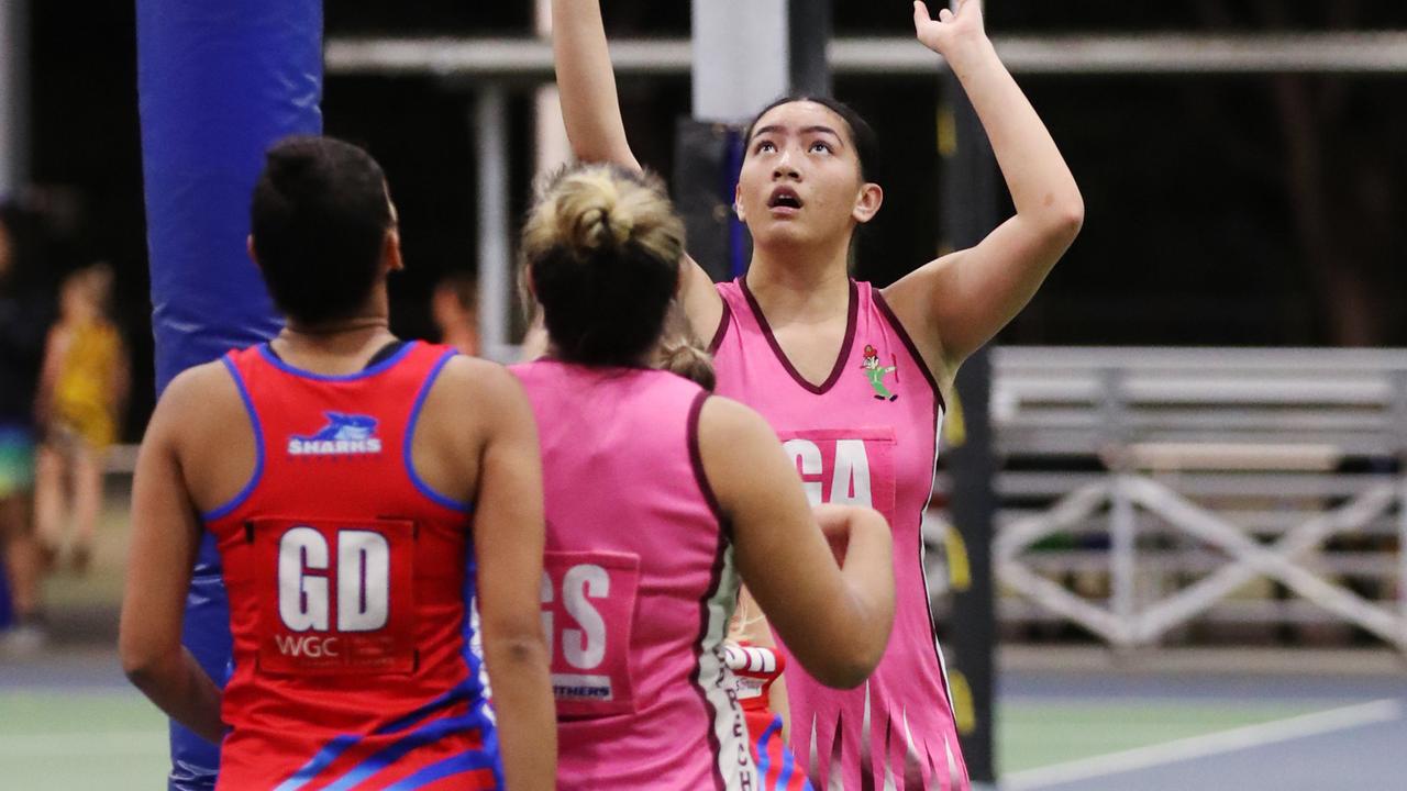 Chantelle Tikitau shoots in the Cairns Netball match between Brothers Leprechauns and The GWS Sharks. PICTURE: BRENDAN RADKE.