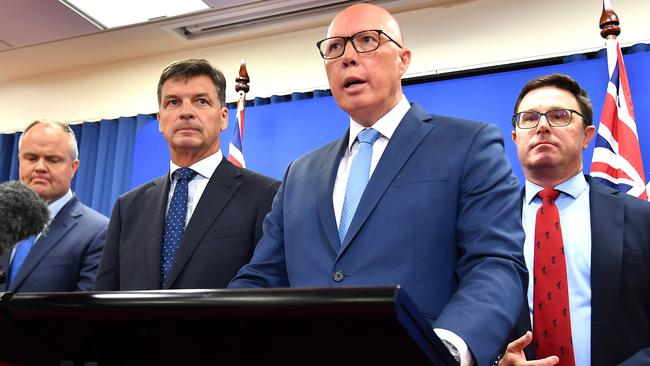 Ted O’Brien, Angus Taylor, then Liberal leader Peter Dutton and Nationals leader David Littleproud announcing the nuclear energy policy. Picture: NewsWire / John Gass