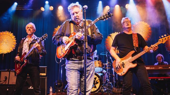 Jeremy (centre) and Peter Oxley (right) with Richard Bergman (left), Alister Spence (rear) and Bill Bilson (obscured) at Sunnyboys' last Brisbane show. Picture: Curdin Wullschleger/Sunnyboys Fan Club/The Tivoli