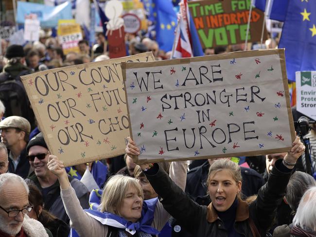 Anti-Brexit remain in the European Union supporters took part in a "People's Vote" protest march calling for another referendum on Britain's EU membership. Picture: AP Photo