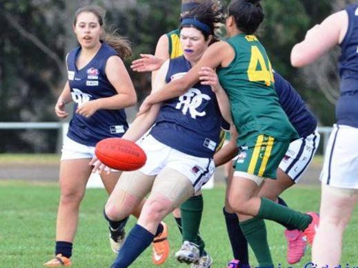 Rebecca Waymouth gets a kick for Rosebud in the VWFL.