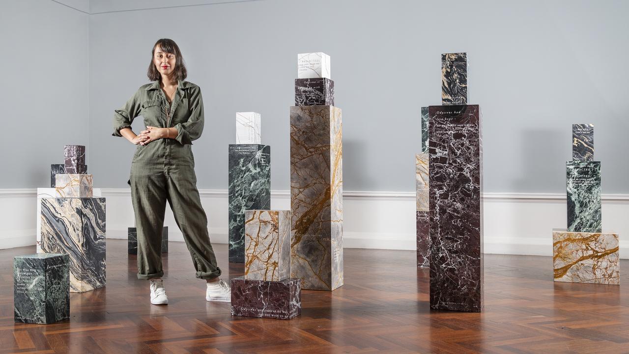 Stanislava Pinchuk with her work The Wine Dark Sea in the 2022 Adelaide Biennial of Australian Art: Free/State, Art Gallery of South Australia, photo: Saul Steed