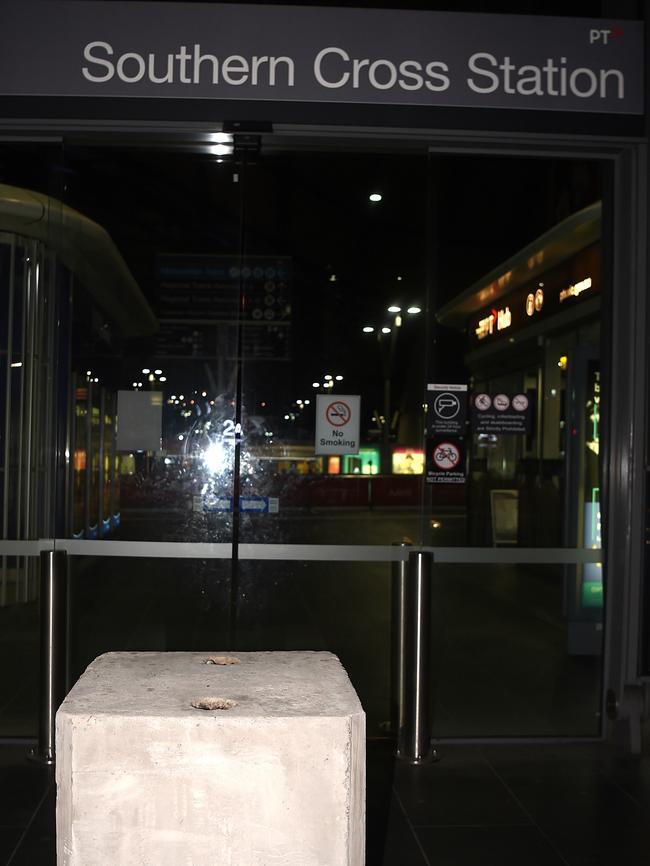 A concrete bollard directly outside glass doors at Southern Cross. Picture: Nicole Garmston