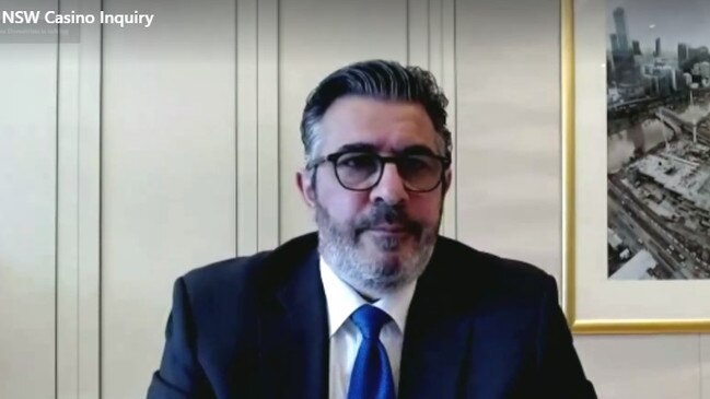 Andrew Demetriou giving evidence to the NSW casino inquiry via video link last year.