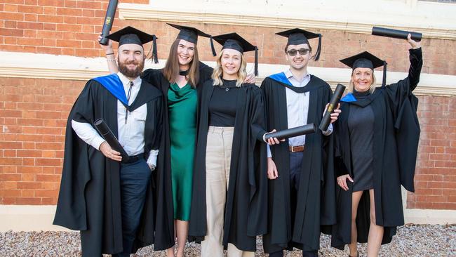 Masters in Clinical Psychology graduates, from left; Bernard Borserio, Georgia Coonan, Olivia Yaksich, Christopher Wright and Faye Shann. UniSQ graduation ceremony at Empire Theatre, Tuesday June 27, 2023.