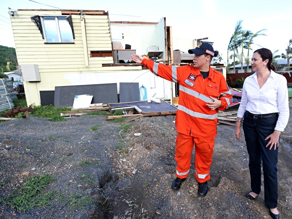 Queensland Premier Annastacia Palaszczuk pictured here in Yeppoon with SES Cindal Shackleton while touring the disaster zone after Cyclone Marcia passed through yesterday. Pictures: Jack Tran / The Courier Mail