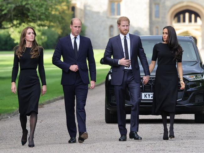 Catherine, Princess of Wales, Prince William, Prince of Wales, Prince Harry, Duke of Sussex, and Meghan, Duchess of Sussex on the long Walk at Windsor Castle on Saturday. Picture: Getty Images.