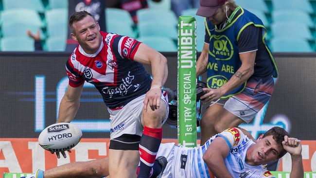 Brett Morris bagged a hat-trick of tries for the Roosters. Picture: AAP