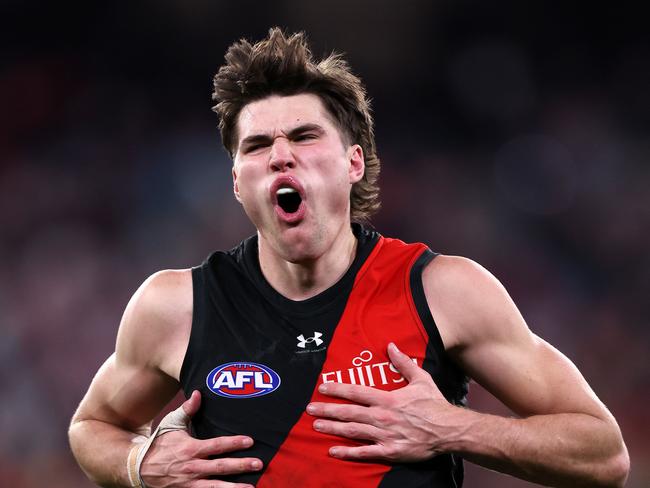 MELBOURNE, AUGUST 4, 2024: 2024 AFL Football - Round 21 - Essendon Bombers V Fremantle Dockers at the MCG. Sam Durham of the Bombers kick a point to seal the win, Picture: Mark Stewart