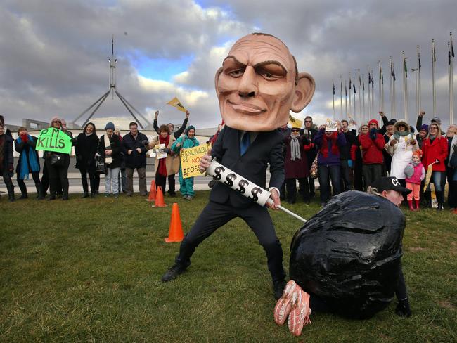 An Environmental supergroup protesting against polluting coal and clean energy on the lawns of Parliament House in Canberra. Picture: Gary Ramage