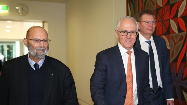 Malcolm Turnbull arrives for Liberal Leadership spill with Arthur Sinodinos and Craig Laundy at Parliament House in Canberra. Picture: Kym Smith