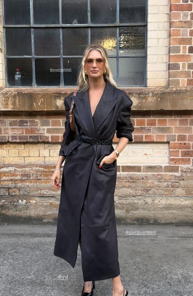 The popular influencer, who owns the cult Bondi pilates studio Body by Berner, has been spotted front row at a number of shows – including Nagnata's runway display where she flaunted her legs in a leather trench coat with heels. Picture: Instagram/BernadetteSukkar