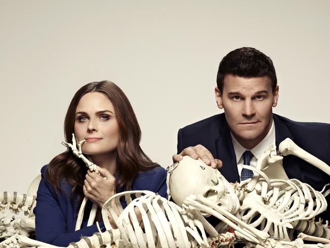 STRICTLY EMBARGOED to November 30, 2014. Sunday TV Guides first use. Emily Deschanel and David Boreanaz for season ten of Bones. Picture: Supplied by Channel Seven