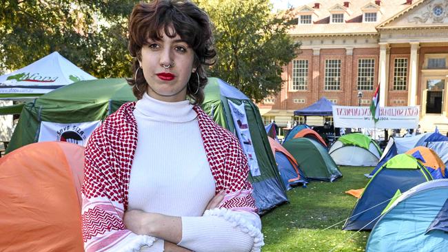 El Hall poses at the Adelaide Uni Gaza Solidarity Encampment at the Maths Lawns.Tuesday,May 7,2024.Picture Mark Brake