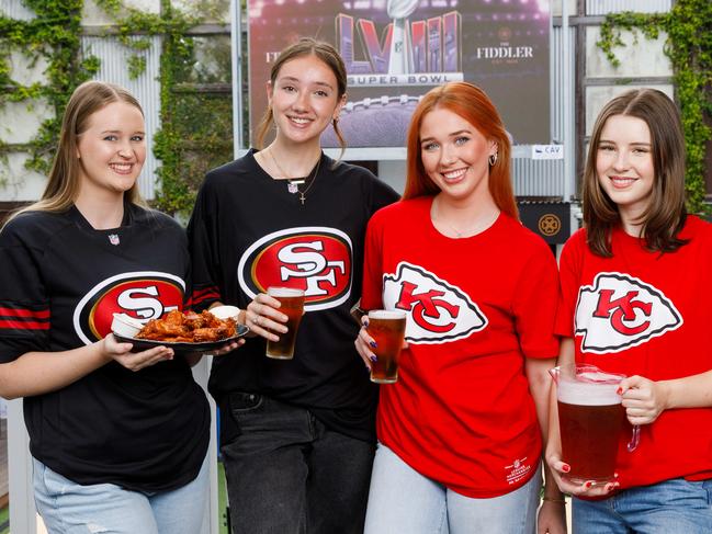 DAILY TELEGRAPH. NFL Super Bowl preview with San Francisco 49erÃs fans Annabelle Murray & Katie Teale and Kansas City Chiefs fans Emma McLaughlin & Annabelle Tipton, at The Fiddler in Rouse Hill. 11/02/2024. Picture by Max Mason-Hubers