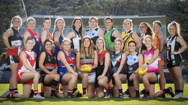 Representatives from the 18 SFLW teams at the season launch at North Hobart. Picture: Chris Kidd