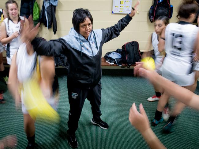 Football coach Bronwyn Davey in the changerooms before her Port Adelaide Women’s Aboriginal AFL Academy team took to the ground in a game against New Zealand’s Kahu Youth Squad in Auckland on Saturday, November 24, 2018. Picture: Mark Piovesan.