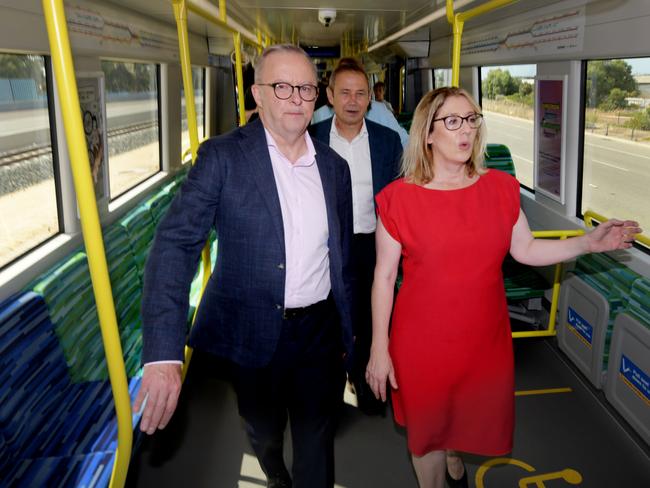 Prime Minister Anthony Albanese joins Premier Roger Cook &amp; Rita Saffioti on the newly opened Ellenbrook train line via Metronet. Picture: NewsWire / Sharon Smith