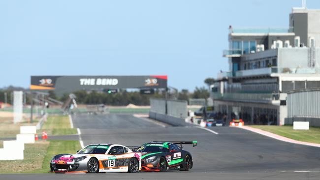 Australian GT championship cars practice at The Bend Motorsport Park ahead of the park’s first major race on Saturday. Picture: Tait Schmaal