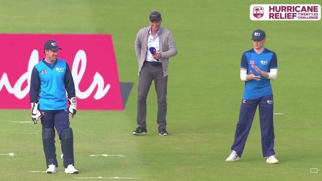 Nasser Hussain casually joining the slips cordon.