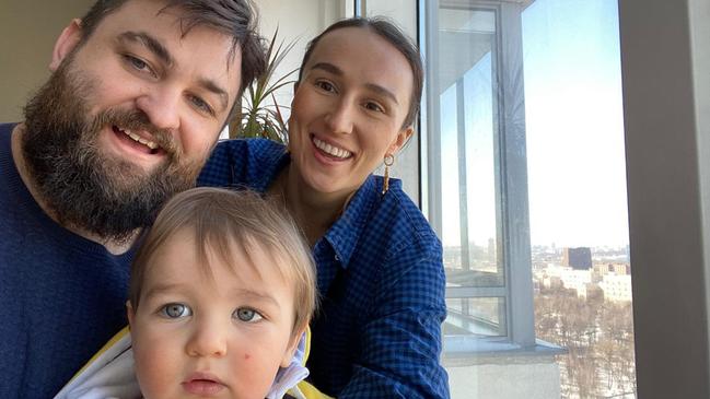 Australian restaurateur Sebbie Kenyon with his partner Kristina and their son, Iggy, in their apartment in Moscow, Russia