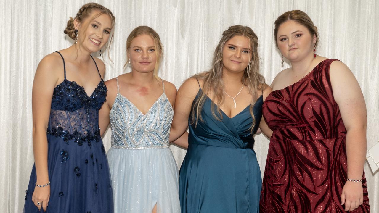 Daynah MacDonald, Emilia Butler, Madison Sullivan and Sarah Howland at Sarina State High School Year 12 Formal Wednesday 16 November 2022. Picture: Michaela Harlow