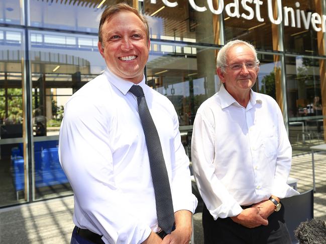 Premier Steven Miles visits the Sunshine Coast University Hospital on the Sunshine Coast meeting Labor Candidate Jim Dawson. Picture: Adam Head