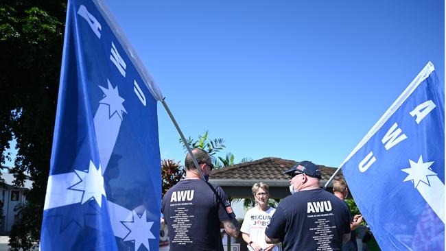 ACTU Secretary Sally McManus speaks with members of the AWU and the Queensland Council of Unions at a rally in Whitfield. Picture Emily Barker