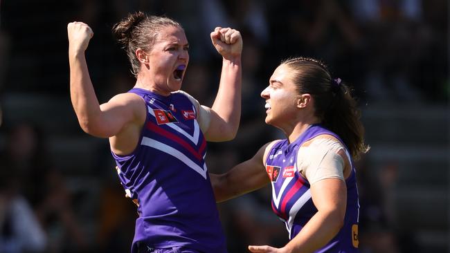 Ebony Antonio of the Dockers celebrates a goal. Picture: Paul Kane/Getty Images