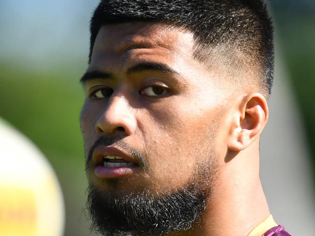 Payne Haas in action during Brisbane Broncos training at Clive Berghofer Field in Brisbane, Friday, June 28, 2019. The Broncos are playing the Knights in their round 15 NRL clash in Newcastle on Saturday. (AAP Image/Darren England) NO ARCHIVING