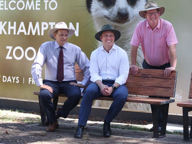 Mayor Tony Williams, Premier Steven Miles and Rockhampton MP Barry O’Rourke at Rocky Zoo. Pic Annette Dew