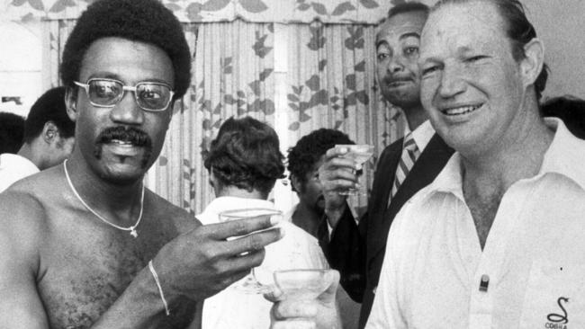Kerry Packer with West Indies cricketer Clive Lloyd during World Series Cricket in 1978. Picture: Ken Matts