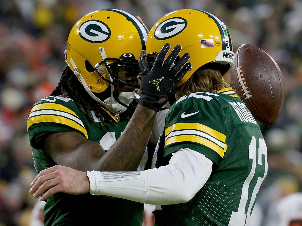 Aaron Rodgers and Davante Adams celebrate their touchdown against close rivals, the Minnesota Vikings. Picture: Stacy Revere/Getty Images
