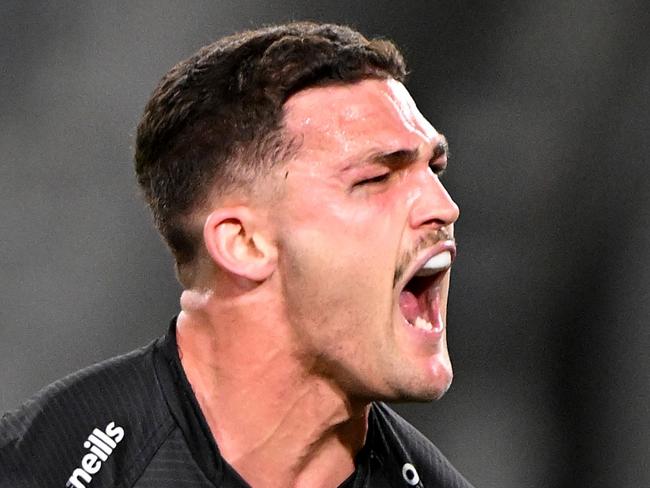 SYDNEY, AUSTRALIA - OCTOBER 01: Nathan Cleary of the Panthers celebrates scoring a try during the 2023 NRL Grand Final match between Penrith Panthers and Brisbane Broncos at Accor Stadium on October 01, 2023 in Sydney, Australia. (Photo by Bradley Kanaris/Getty Images)