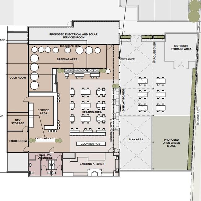 Design plans for a combined food and drink outlet and brewery inside the Porters Mitre 10 building at 16 to 24 Carl St in Rural View. Picture: Documents submitted to Mackay Regional Council .